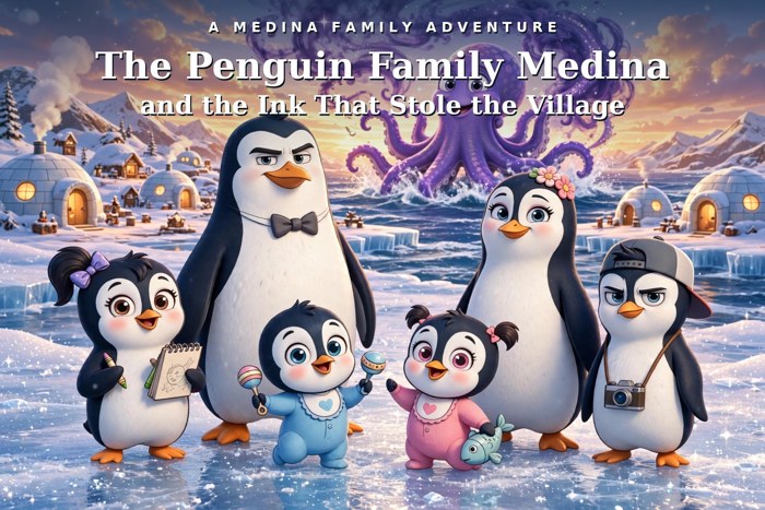 Book 1 cover — the Medina family in Glaciar Azul with Doctor Tentáculos spraying ink overhead