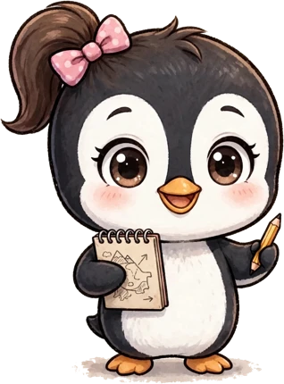 Luna chibi penguin with her notebook and pencil
