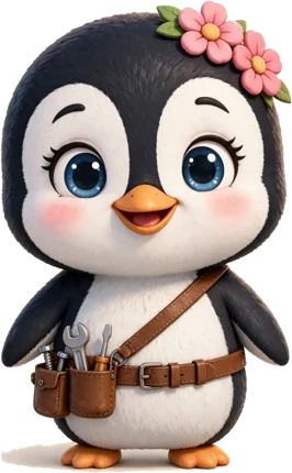 Mama Aracelis chibi penguin with pink flowers and her tool belt