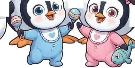 The twins Nico and Mia, holding hands — Nico in blue with his rattles, Mia in pink with her toy fish
